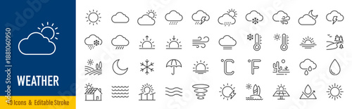 Weather web icons in line style. Clouds, sun, moon, snowflakes, wind, sunny day, collection. Editable stroke. Vector illustration.