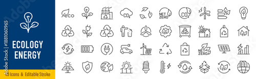 Ecology and Energy web icons in line style. Nature green, electric car, organic, renewable energy, green technology, environmental energy collection. Editable stroke. Vector illustration.