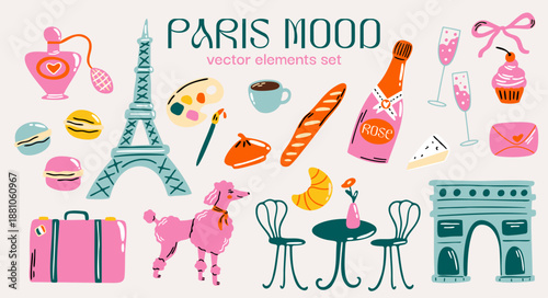 Paris aesthetic, travel to France concept vector sticker set with cute cartoon retro illustration of Eiffel Tower, Arc de Triomphe, food elements for design