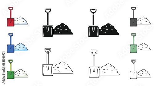 Collection of colorful sandcastle building tools and sand piles icons