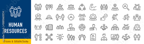 Human resources web icons in line style. Headhunting, career, resume, work group, candidate, job hiring, collection. Editable stroke. Vector illustration.