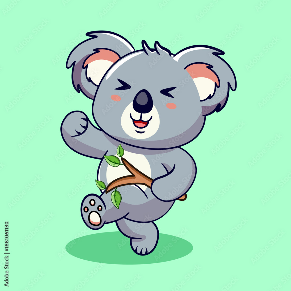 Fototapeta premium Happy Cartoon Koala Dancing with Eucalyptus Branch Vector Illustration Kawaii Design