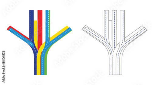 Colorful highway split illustration with a corresponding grayscale line drawing