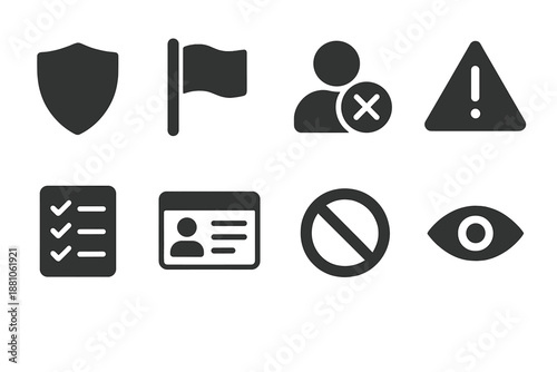 Privacy and security silhouette icon set. featuring shield, flag, user, warning, checklist, id, prohibited, and eye symbols