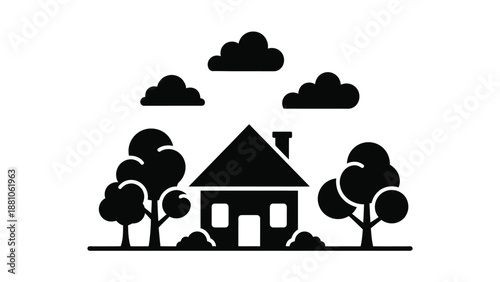 Simple black and white illustration of a house with trees and clouds
