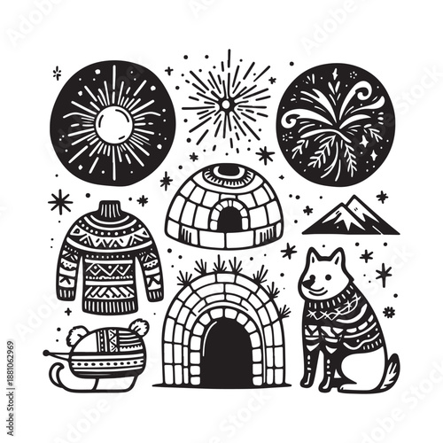 doodle icon set polar sun igloo sled dog and northern lights