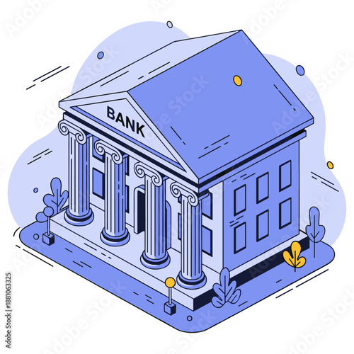 Illustrated bank building with columns and blue roof in cartoon style. No editable stroke