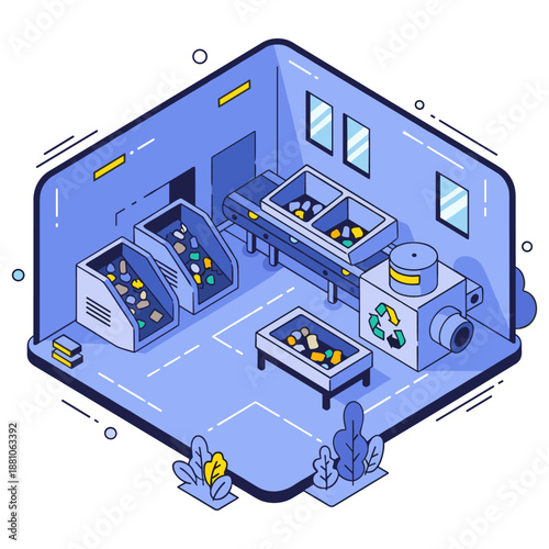 Eco-friendly recycling plant with automated sorting and sustainable processes in isometric design. No editable stroke