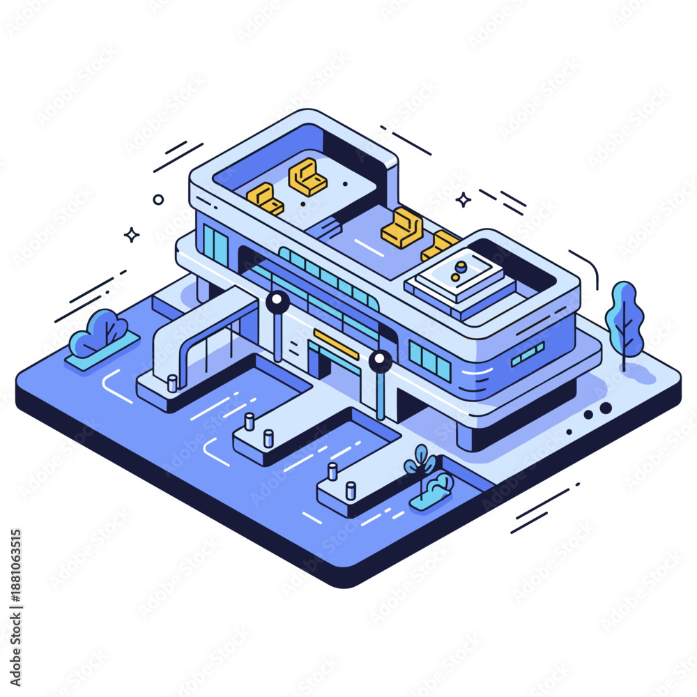 Obraz premium Isometric futuristic building with parking and rooftop terrace in blue. No editable stroke