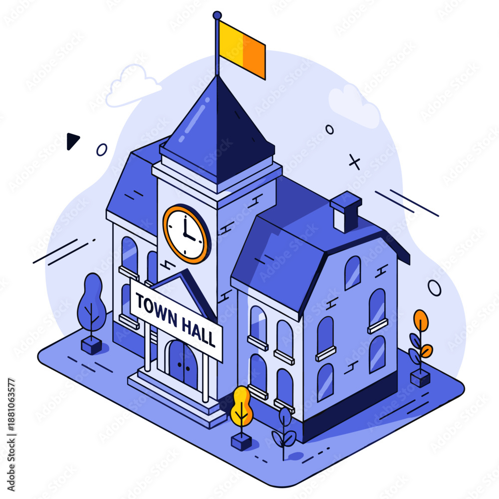 Fototapeta premium Illustrated town hall with clock tower and flag on blue background. No editable stroke
