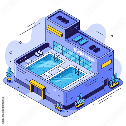 Modern isometric swimming pool building with outdoor pools and plants. No editable stroke