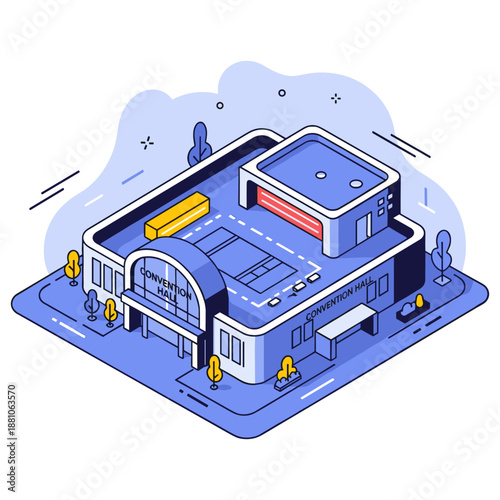 Isometric illustration of a modern convention hall with adjacent parking lot. No editable stroke