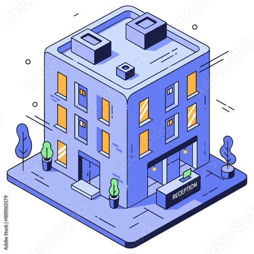 Modern isometric hotel building with reception and minimalist design. No editable stroke