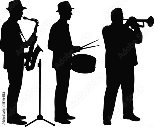 Jazz musician silhouettes playing saxophone trumpet and drum isolated black vector illustration on white