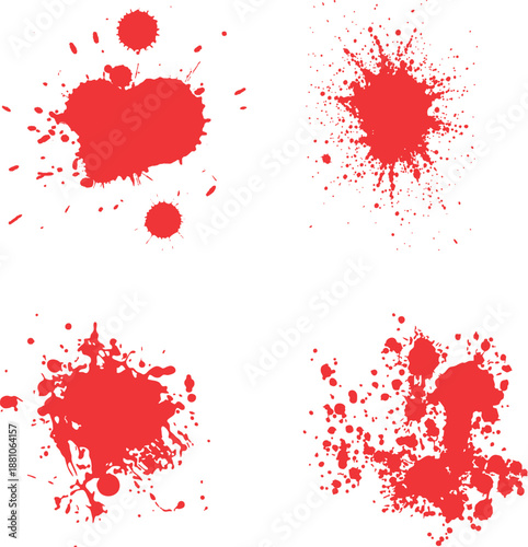 Set of blood splashes, drops and stains. Vector illustration showing red ink blobs and drips isolated Red paint blood splatter set. Grunge Halloween drops, sprays, and stains. Set of red blood drop.