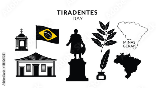 Black and White of Tiradentes Day Symbols and Minas Gerais Brazil silhouette