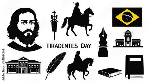 Black and White Silhouette of Tiradentes Day Symbols Brazilian history historical figure