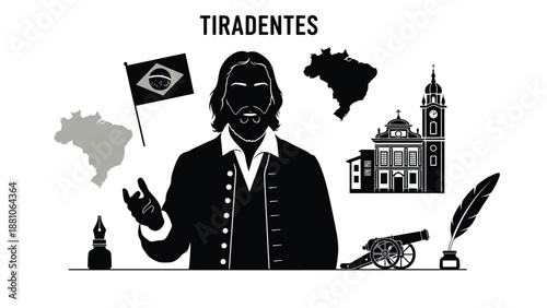 Black and White Silhouette of Brazilian Revolutionary with Colonial Symbols Tiradentes