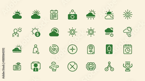 Green weather and business icons on a beige background vector set