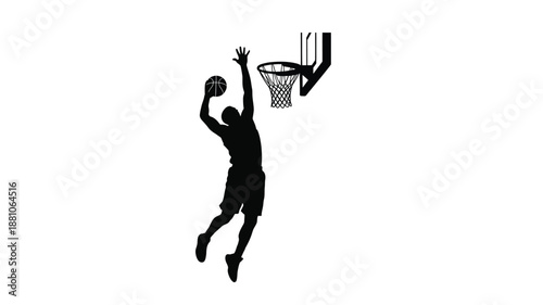 a black silhouette of a basketball player dunking a ball into a hoop