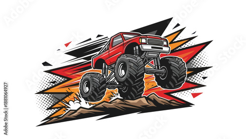 Monster truck graphic illustration jumping over terrain against a white backdrop
