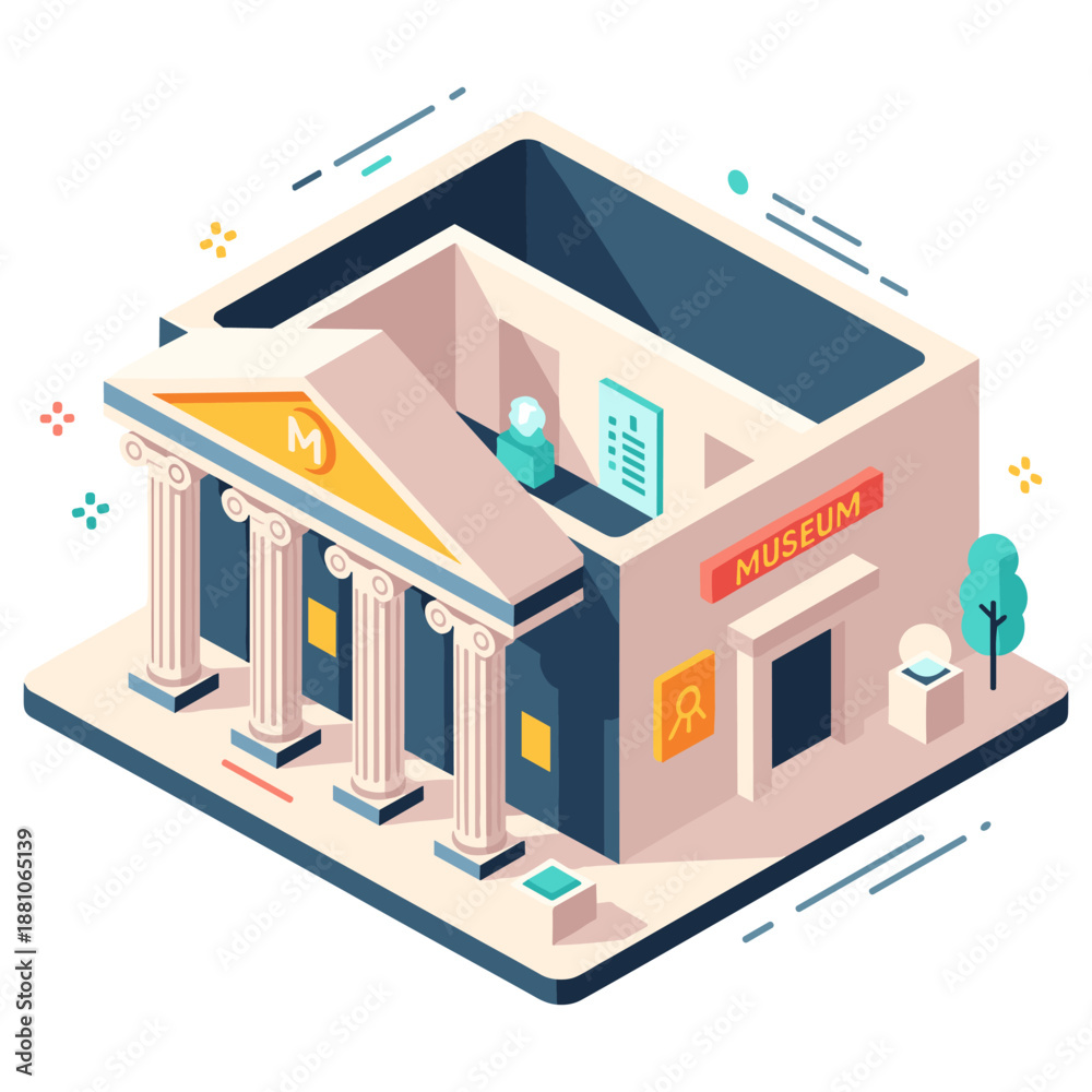 Naklejka premium Isometric museum building with classical columns and modern interior design