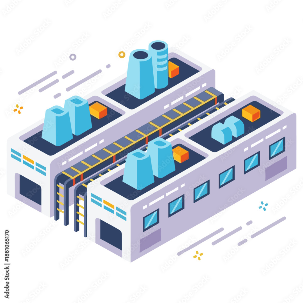 Obraz premium Isometric factory building with blue chimneys and conveyor belts