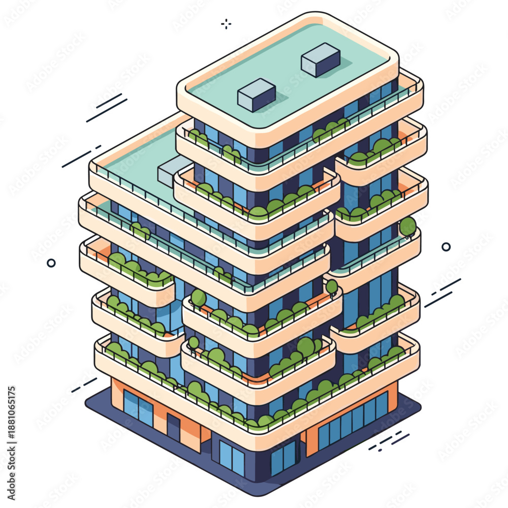 Fototapeta premium Modern eco-friendly multi-story building with green terraces and urban design
