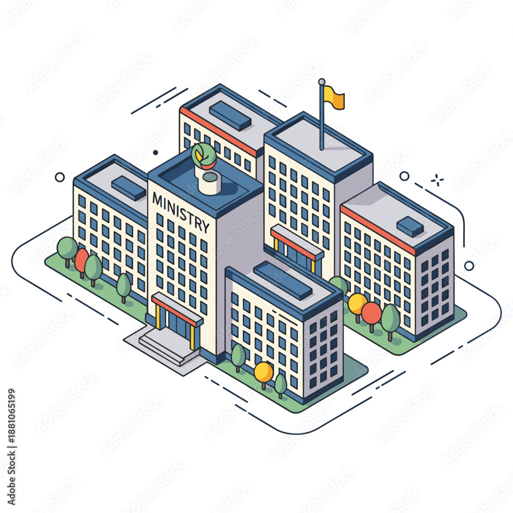 Obraz premium Isometric illustration of government ministry building complex with gardens and flag