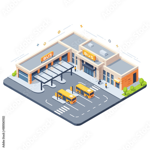 Isometric bus station with orange buses and pedestrians in urban setting