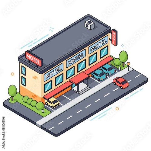Isometric illustration of a modern motel with parking on a busy street