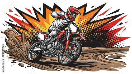 Motocross rider on motorcycle racing through dirt trail vector illustration