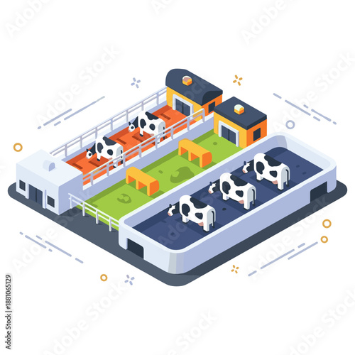 Modern isometric dairy farm with cows grazing outdoors