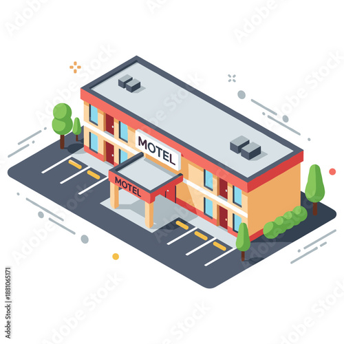 Isometric illustration of a two-story motel with parking and trees