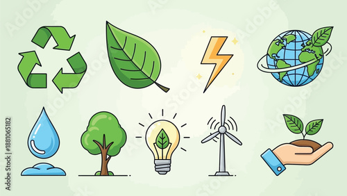 Collection of green energy and sustainability icons featuring a recycling symbol, leaf, water drop, lightbulb, and wind.