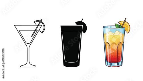 Set of three cocktail icons line art martini glass, solid silhouette highball glass, and colorful layered drink with garnish