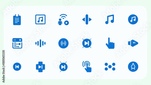 Set of blue icon designs for music and audio playback on white background