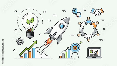 Startup launch illustration shows a rocket ascending past growth charts beside a lightbulb containing a plant and a.