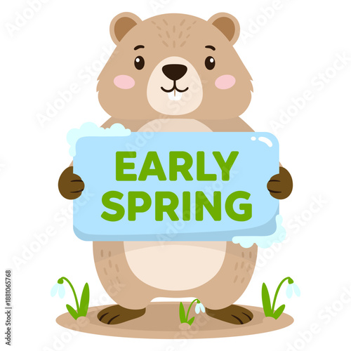 Vector illustration of groundhog with sign Early spring and delicate snowdrops. Character design of marmot. Happy Groundhog Day.