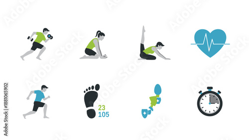 Collection of fitness and health icons depicting running, stretching, heartbeat, and stopwatch tracking exercise.