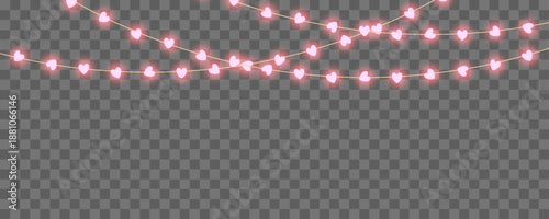 Garland with glowing hearts on a transparent background, Valentine’s Day decoration, light bulbs on the garland in the hearts shape