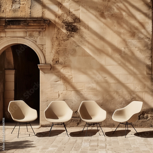 Modern white chairs in historic stone courtyard with natural sunlight