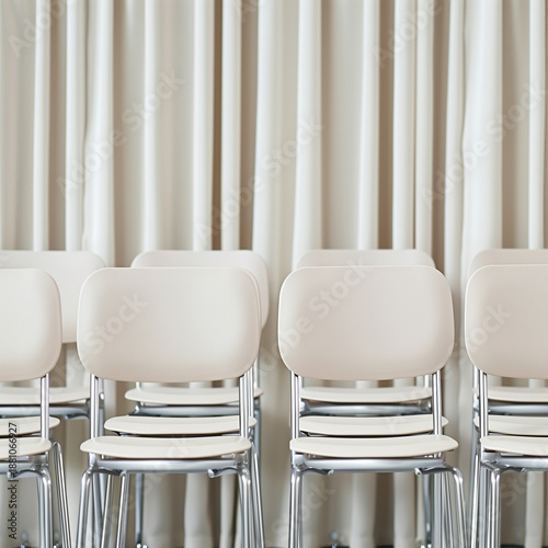 Minimal interior with stacked modern chairs against neutral curtain background
