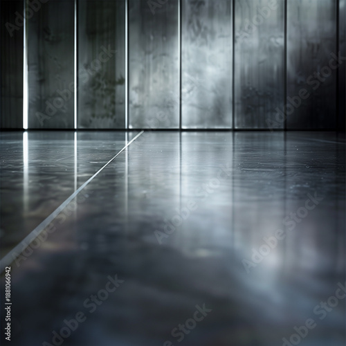Minimal industrial interior with concrete wall and polished reflective floor