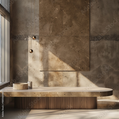 Minimal concrete interior with stone platform and warm natural light