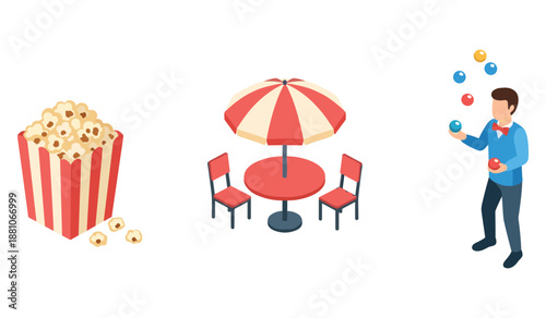 Popcorn box, outdoor cafe table, male juggler with balls on white background