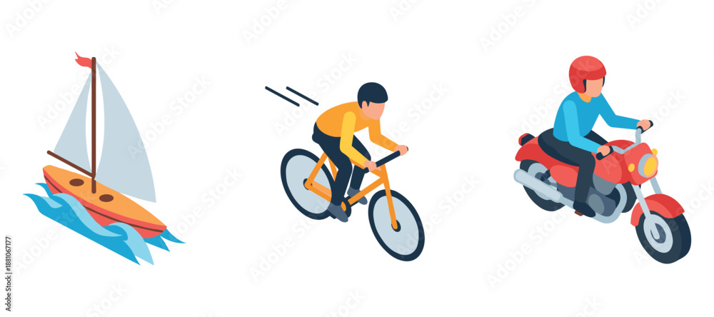 Fototapeta premium Various modes of transportation: sailboat, bicycle, motorcycle illustrations