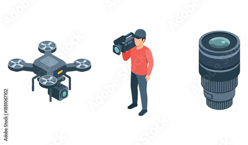 Male videographer with camera drone and lens equipment set