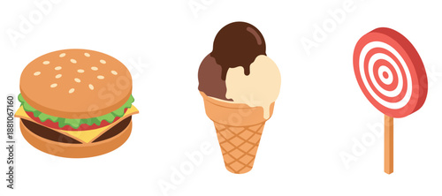 Cartoon burger, ice cream cone, and lollipop on white background