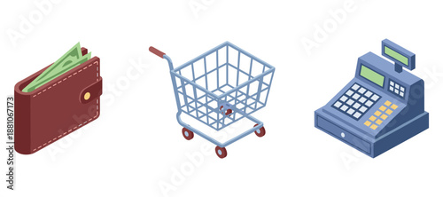 Wallet with cash, shopping cart, and cash register icons in a line